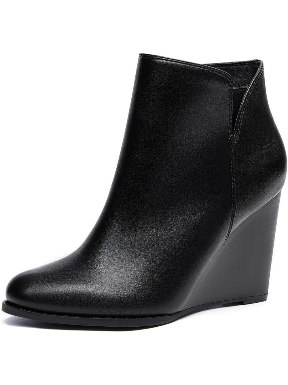 Women's Cool Black Faux Suede Zip-up Closed Toe Stacked V Cut Wedge Ankle Boots